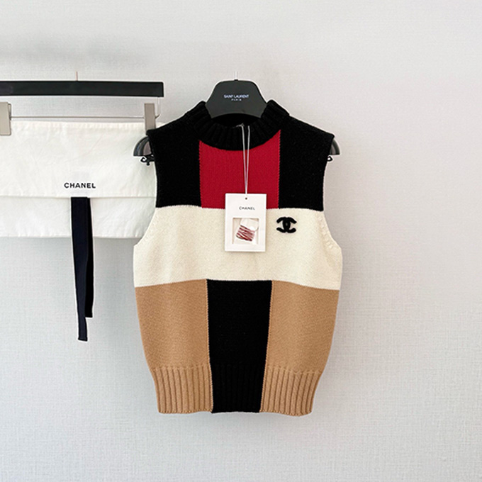 chanel colorful block check round neck sleeveless knit vest